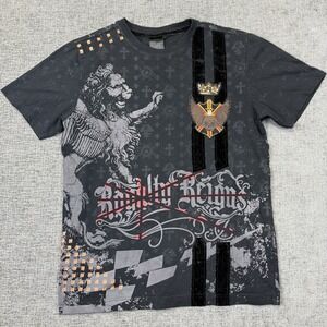 Raw Blue T Shirt Mens XL Black Y2K Lion Royalty Reigns‎ Grunge Skull Wings